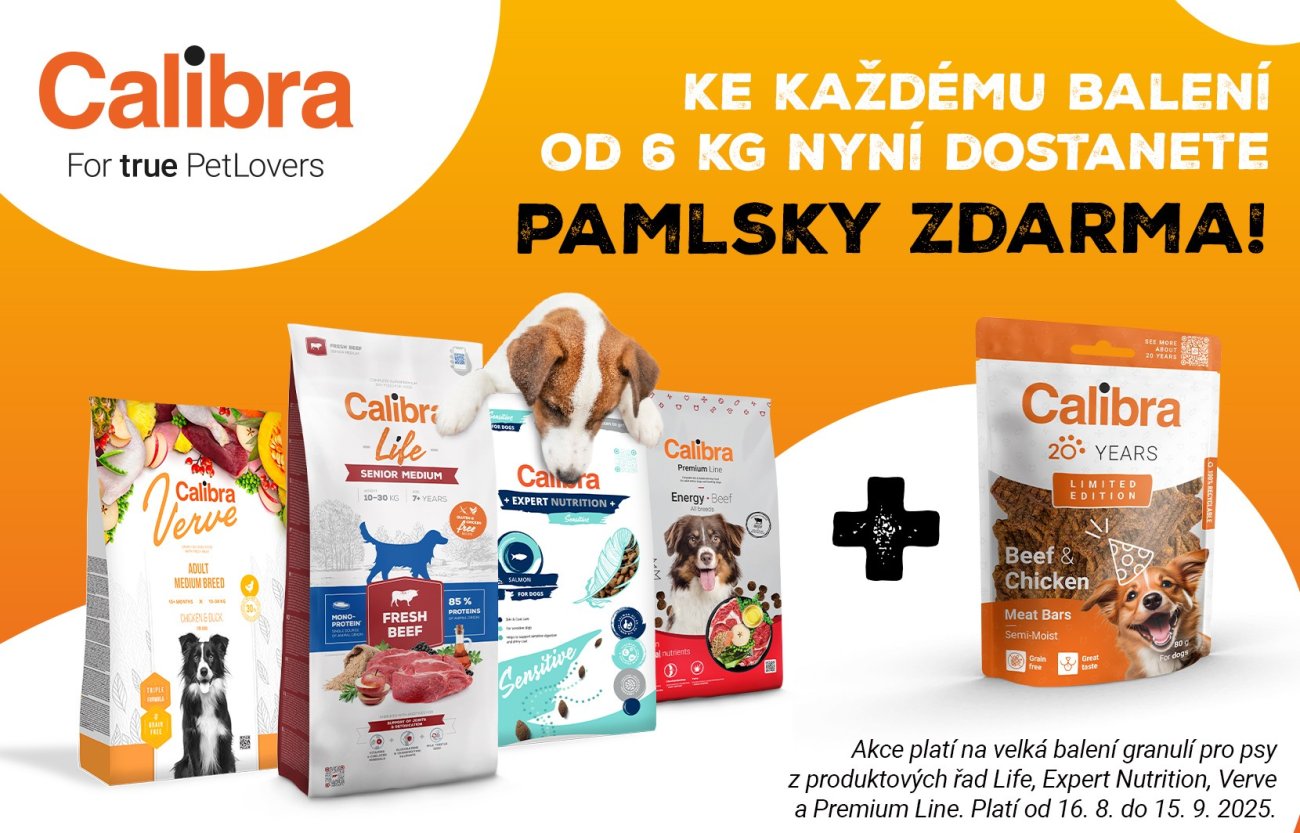 4 pytle granulí, balení pamlsků, pes a text: Ke každému balení od 6 kg nyní dostanete PAMLSKY ZDARMA. Akce platí do 15.9.2025