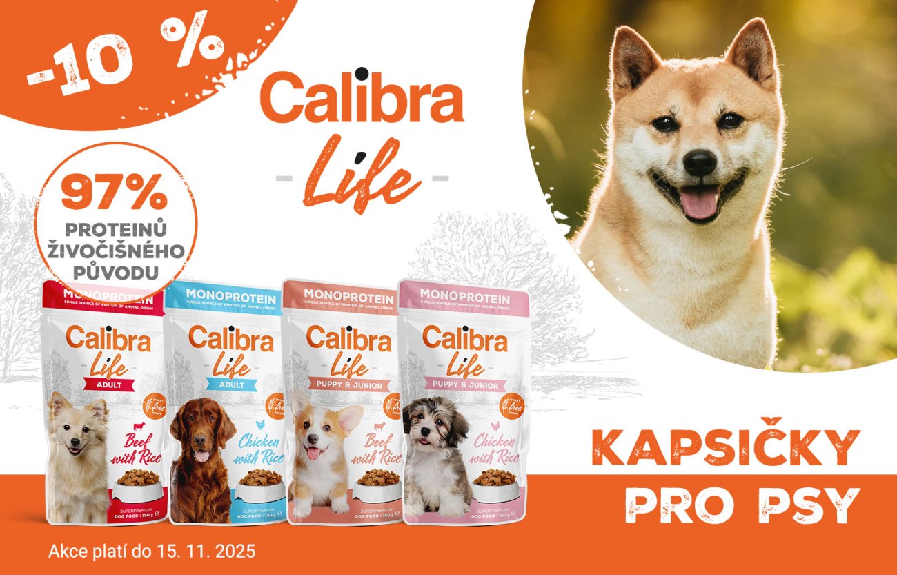 Obrázek psa, 4 druhů psích kapsiček Calibra Dog Life a text: Kapsičky pro psy, 10 % sleva, akce platí do 15.11.2025