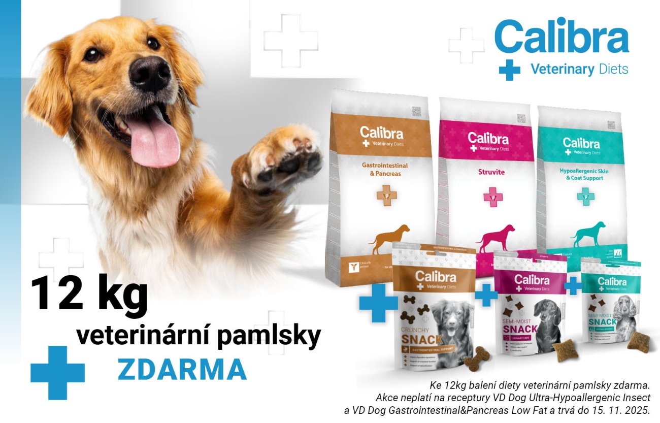 Obrázek psa, 3 pytlov granulí a 3 druhů pamlsků Calibra VD + text: 12kg balení + veterinární pamlsky ZDARMA do 15.11.2025