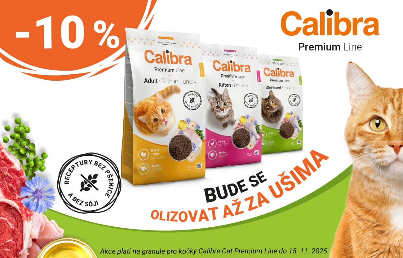 Fotka kočky, obrázky 3 pytlů granulí pro kočky z řady Cat PremiumLine a vyobrazená sleva 10% + text: Akce platí do 15.11.2025