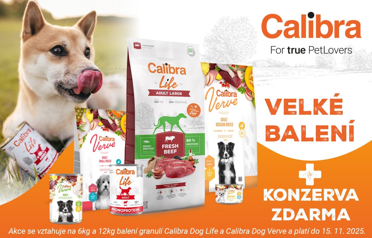 Obrázek psa a velkých pytlů granulí řady Life a Verve a k tomu konzervy a text: Velké balení + konzerva zdarma do 15.11.2025