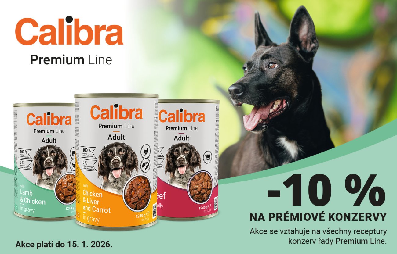 Obrázek černého pejska a tří konzerv Calibra Premium Line vedle něj + text: -10% na konzervy PremiumLine, platí do 15.1.2026