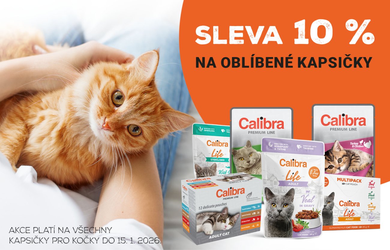 Obrázek zrzavé kočky vedle ní několika kapsiček Calibra Life a Premium Line + text: 10% sleva, akce platí do 31. 1. 2026