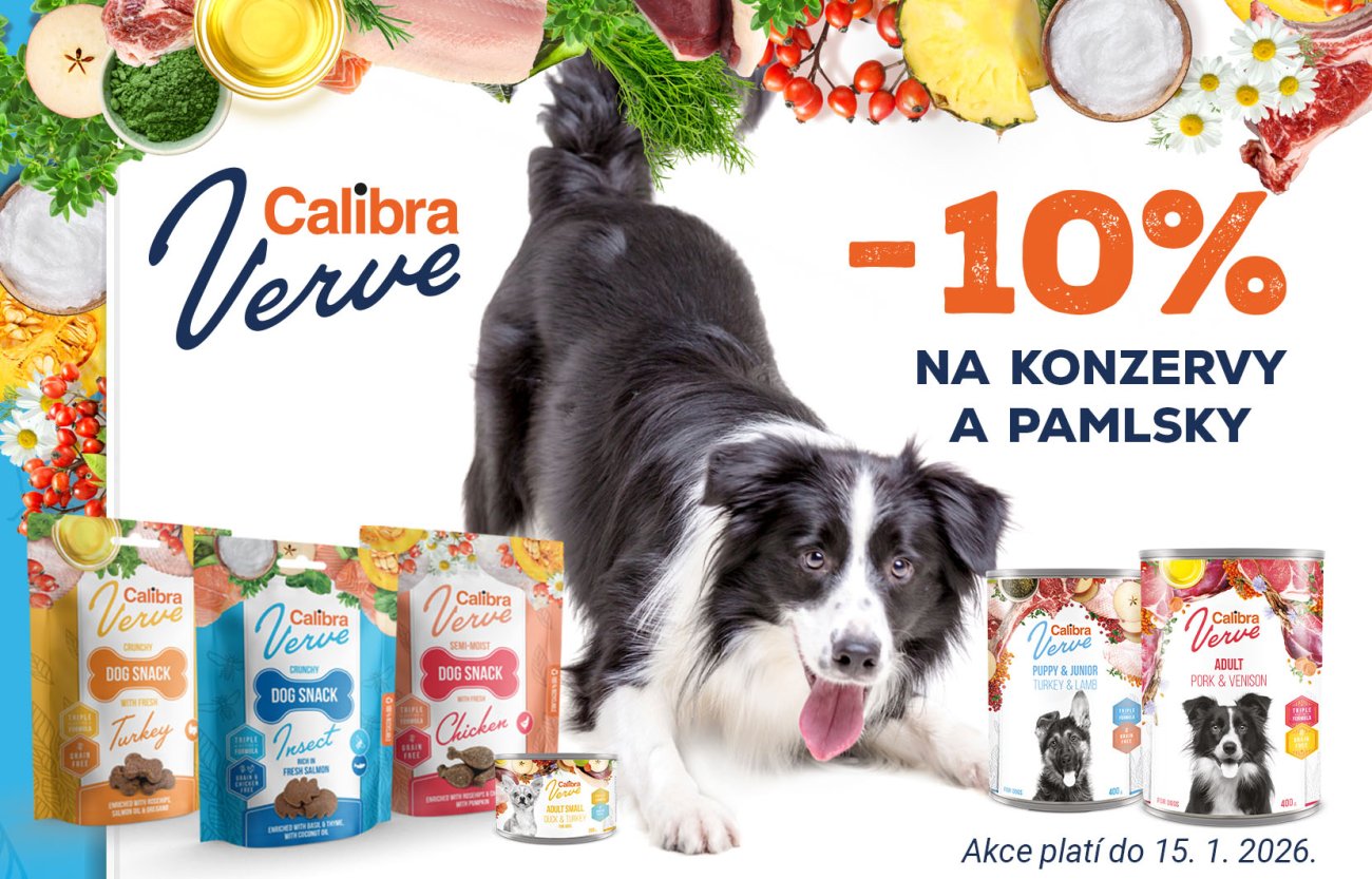 Černobílý pejsek obklopený konzervami a pamlsky Calibra Verve + text: -10% na konzervy a pamlsky Verve, platí do 15.1.2026