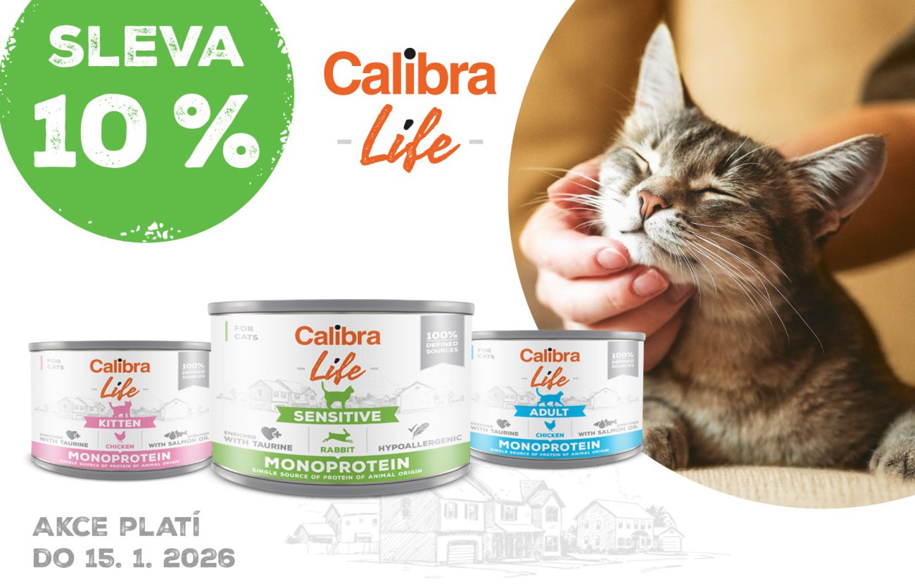 Obrázek spokojené kočky a 3 konzervy krmiva Calibra Cat Life + text: 10% sleva, akce platí do 15. 1. 2026
