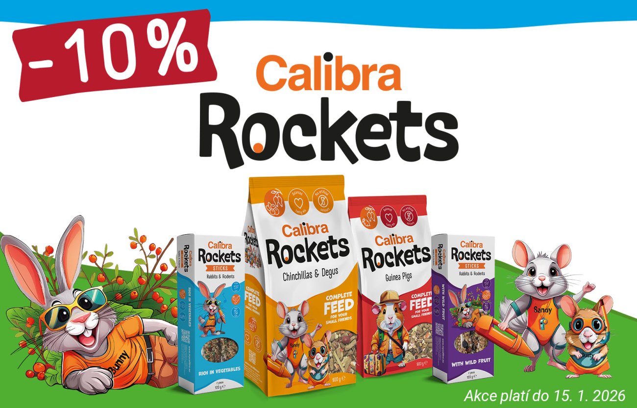 Ilustrace zajíčka, křečka a činčily a několik různych balení krmiva Calibra Rockets a text: -10%, akce platí do 15.1.2026