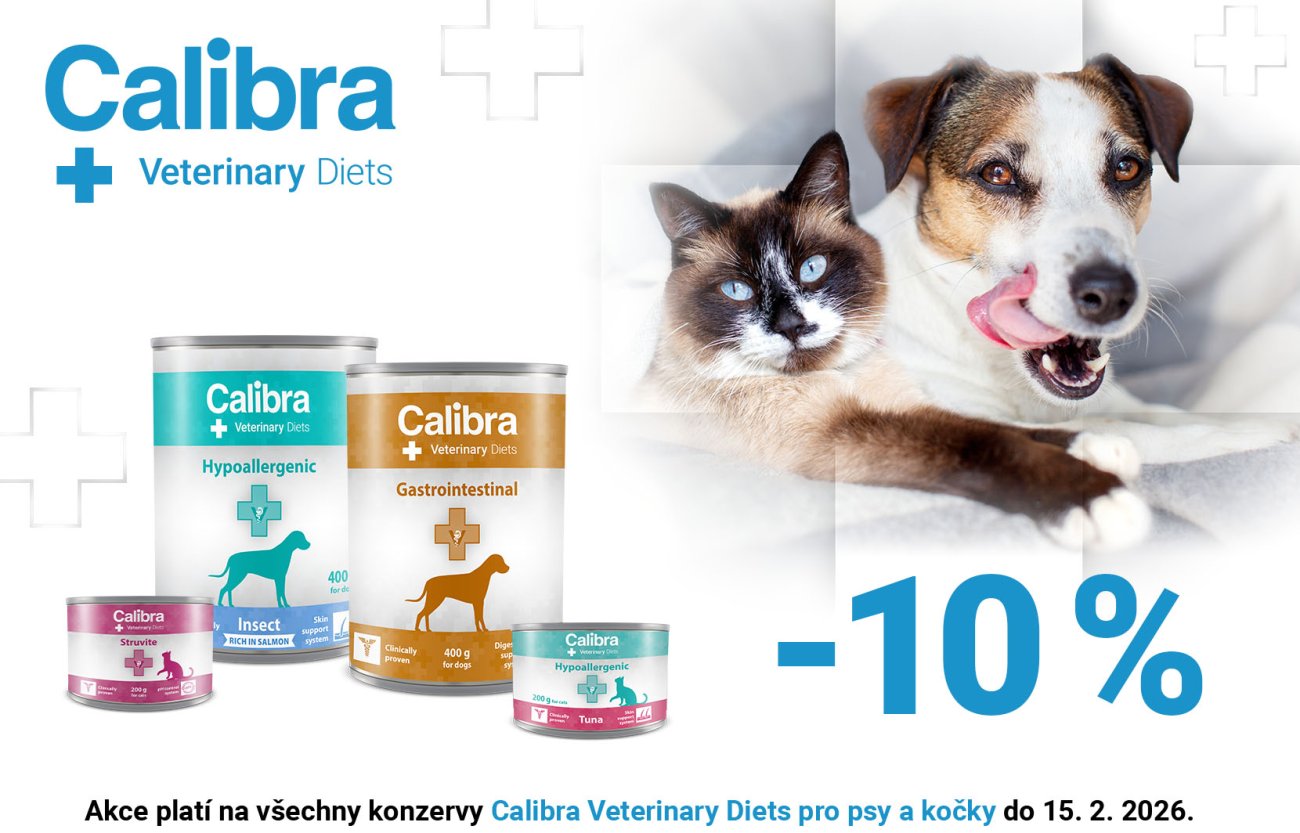 Společná foto psa a kočky, vedle obrázky 4 konzerv vet. diét a text: -10% na konzervy pro psy a kočky, platí do 15.2.2026