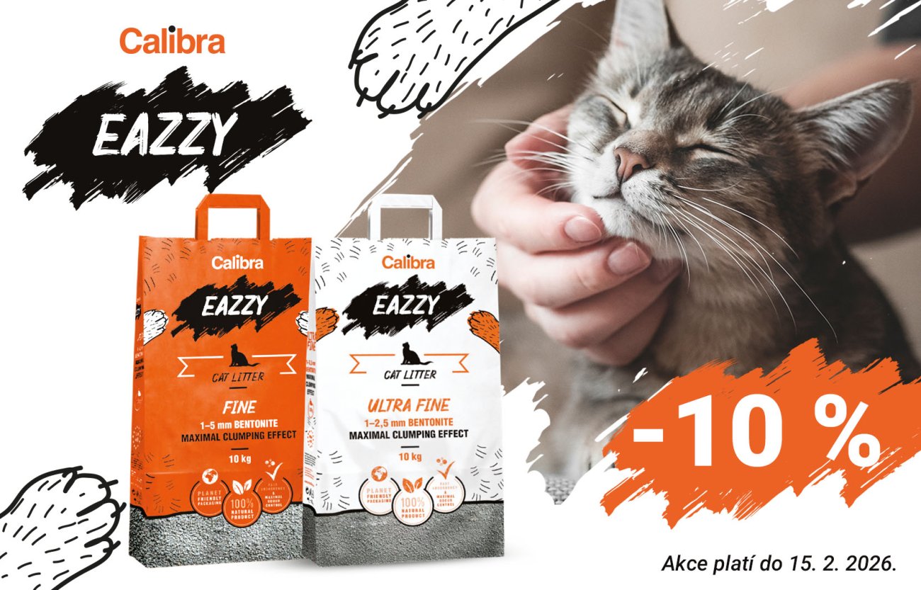 Fotografie spokojené kočky a v popředí 2 balení steliva Calibra EAZZY + text: -10 %, akce platí do 15.2.2026