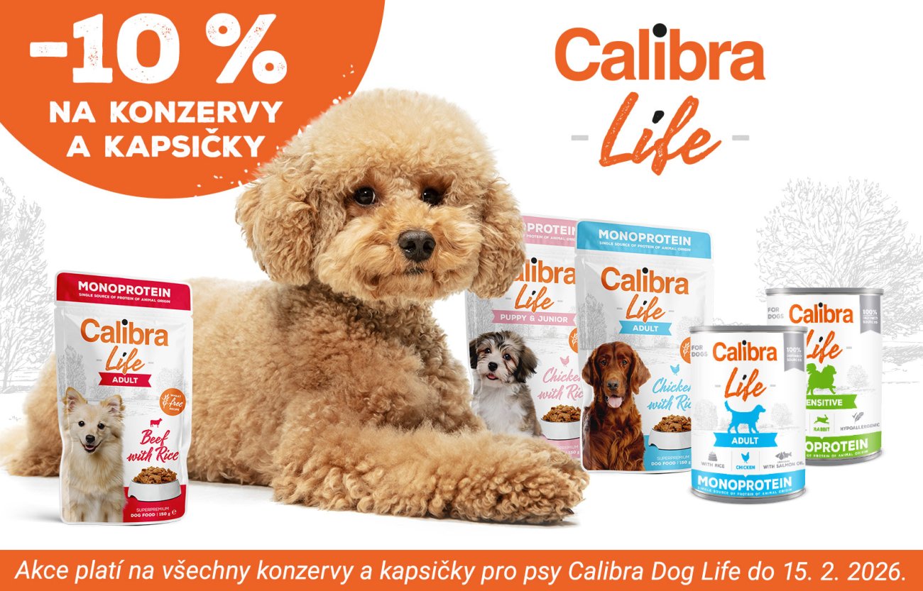 Fotografie psa se 2 konzervami a 3 kapsičkami Calibra Life + text: -10 % na konzervy a kapsičky, akce platí do 15.2.2026