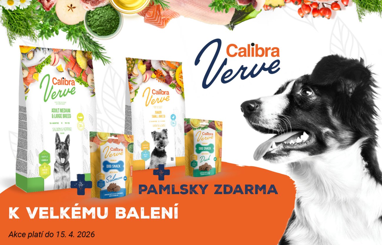 Obrázek psa, 2 balení granulí a pamlsků Calibra Verve + text: K velkému balení pamlsky zadarmo, akce platí do 15.4.2026