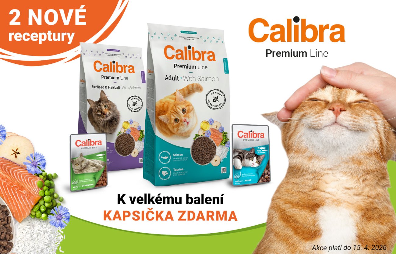 Obrázek kočky a 2 balení granulí Premium Line + text: 2 nové receptury, k velkému balení kapsička zdarma, do 15.4.2026