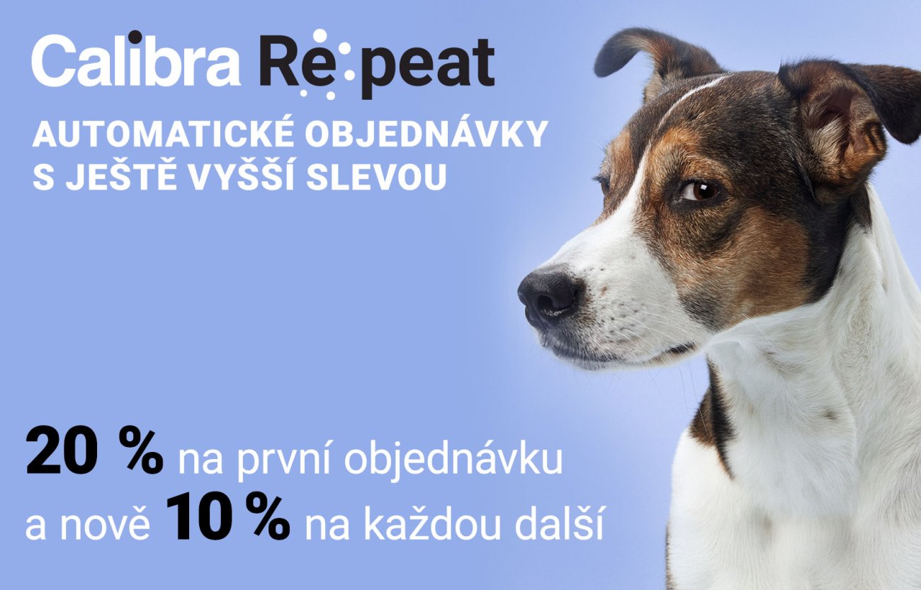 Pes teriér a text: Calibra Repeat automatické objednávky – úvodní sleva 20 % a nově až -10 % z každé objednávky!