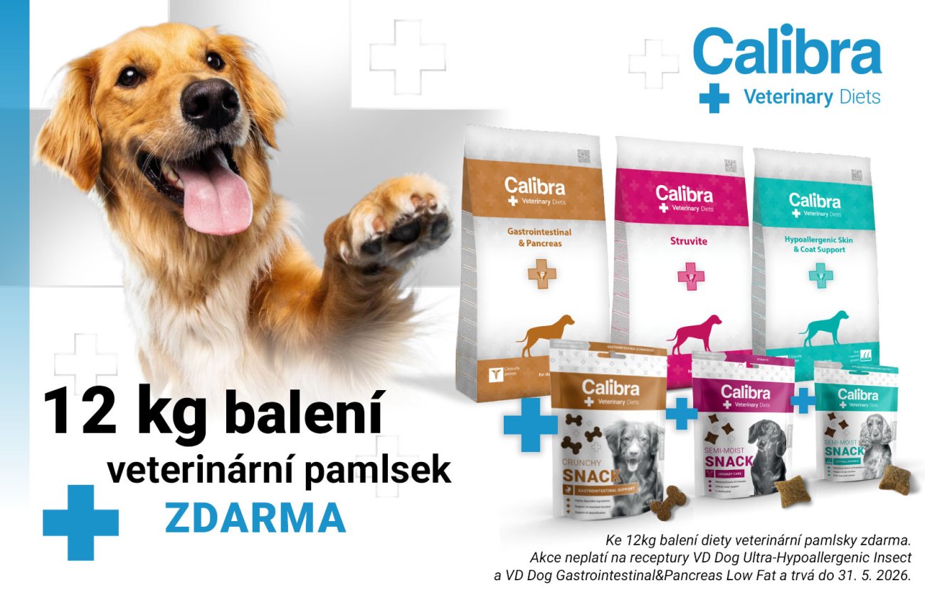 Obrázek psa, 3 pytlov granulí Calibra VD a 3 druhů pamlsků + text: 12kg balení + veterinární pamlsek ZDARMA do 31.5.2026