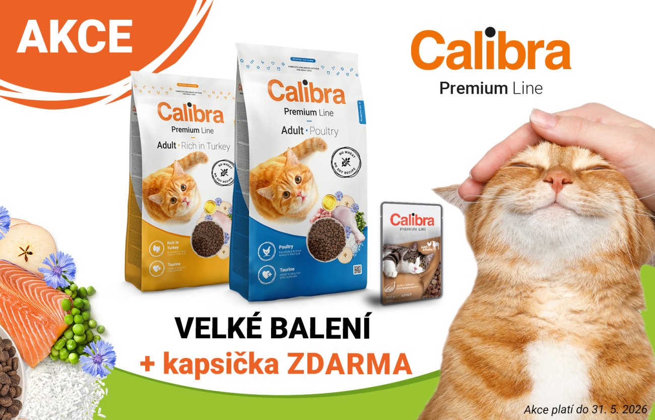 Obrázek kočky a 2 balení granulí Premium Line a text: velké balení+kapsička zdarma, platí do 31.5.2026