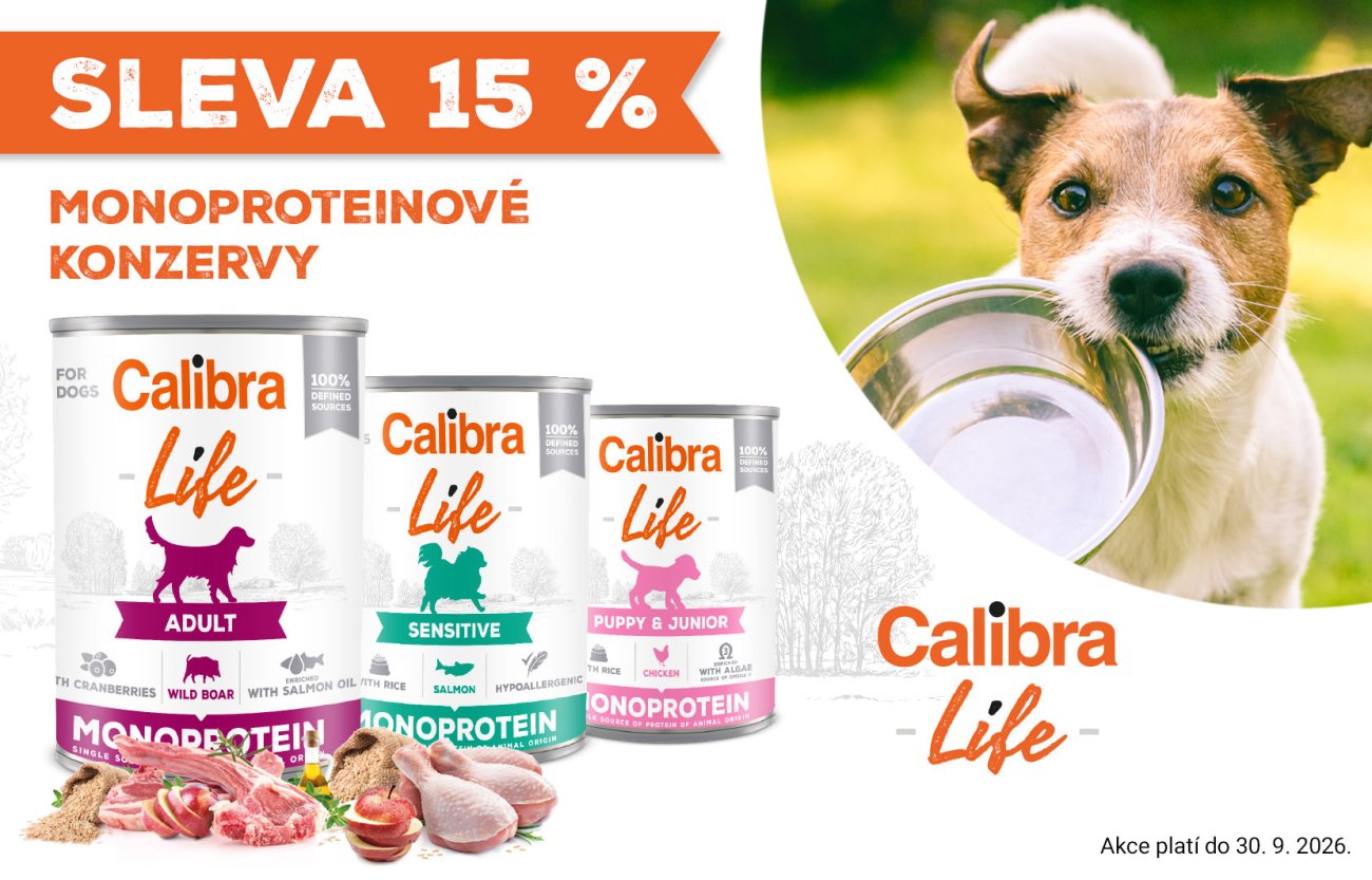 Banner Calibra Life: sleva 15 % na monoproteinové konzervy pro psy. Akce platí do 30. 9. 2026.