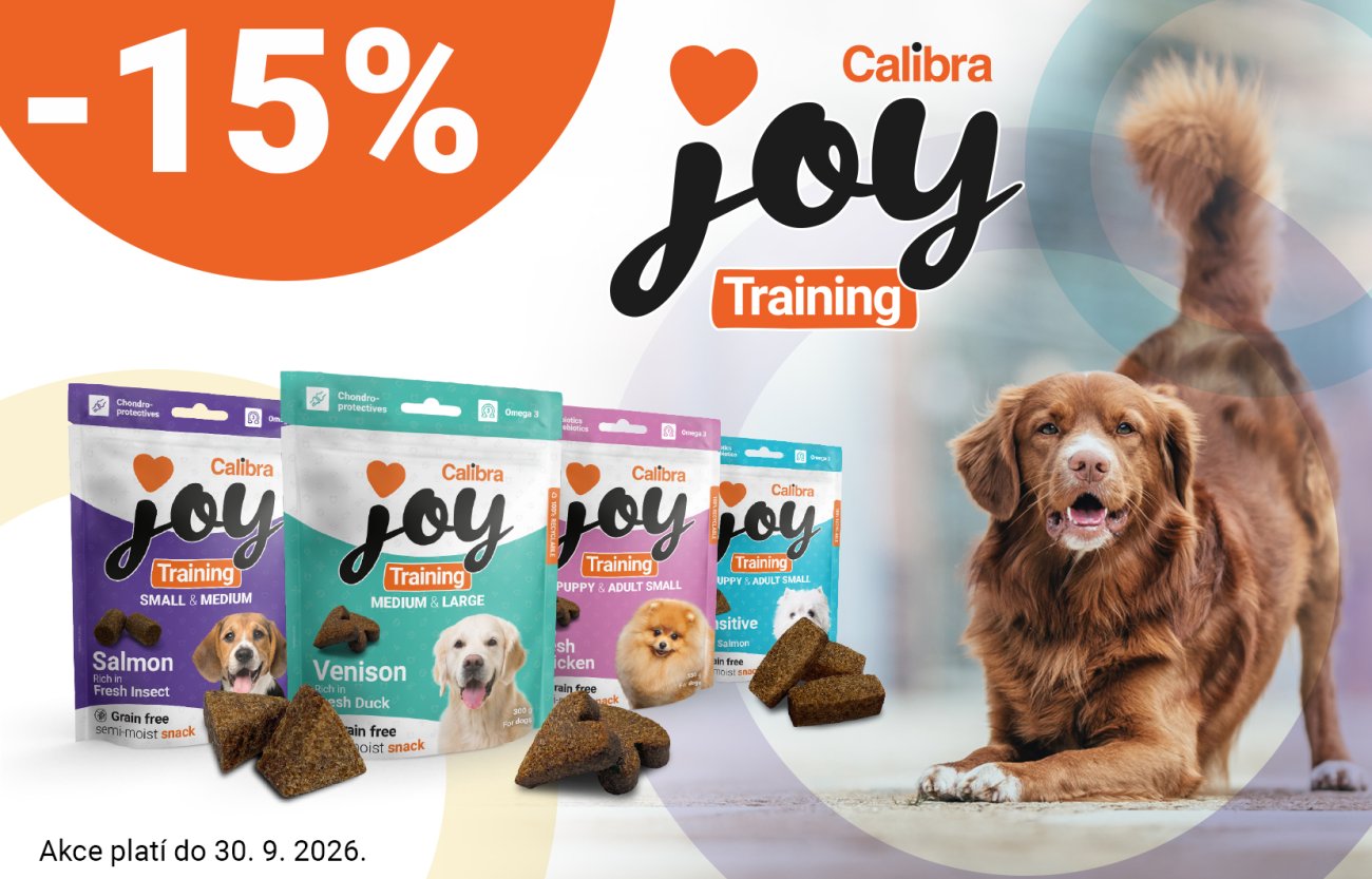 Banner Calibra Joy Training: sleva 15 % na tréninkové pamlsky pro psy. Akce platí do 30. 9. 2026.