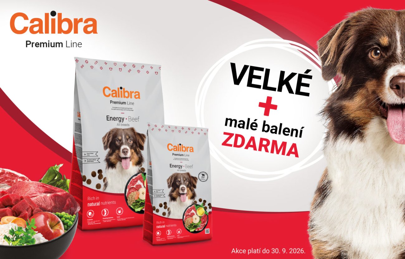 Banner Calibra Premium Line: k velkému balení granulí pro psy malé balení zdarma. Akce platí do 30. 9. 2026.