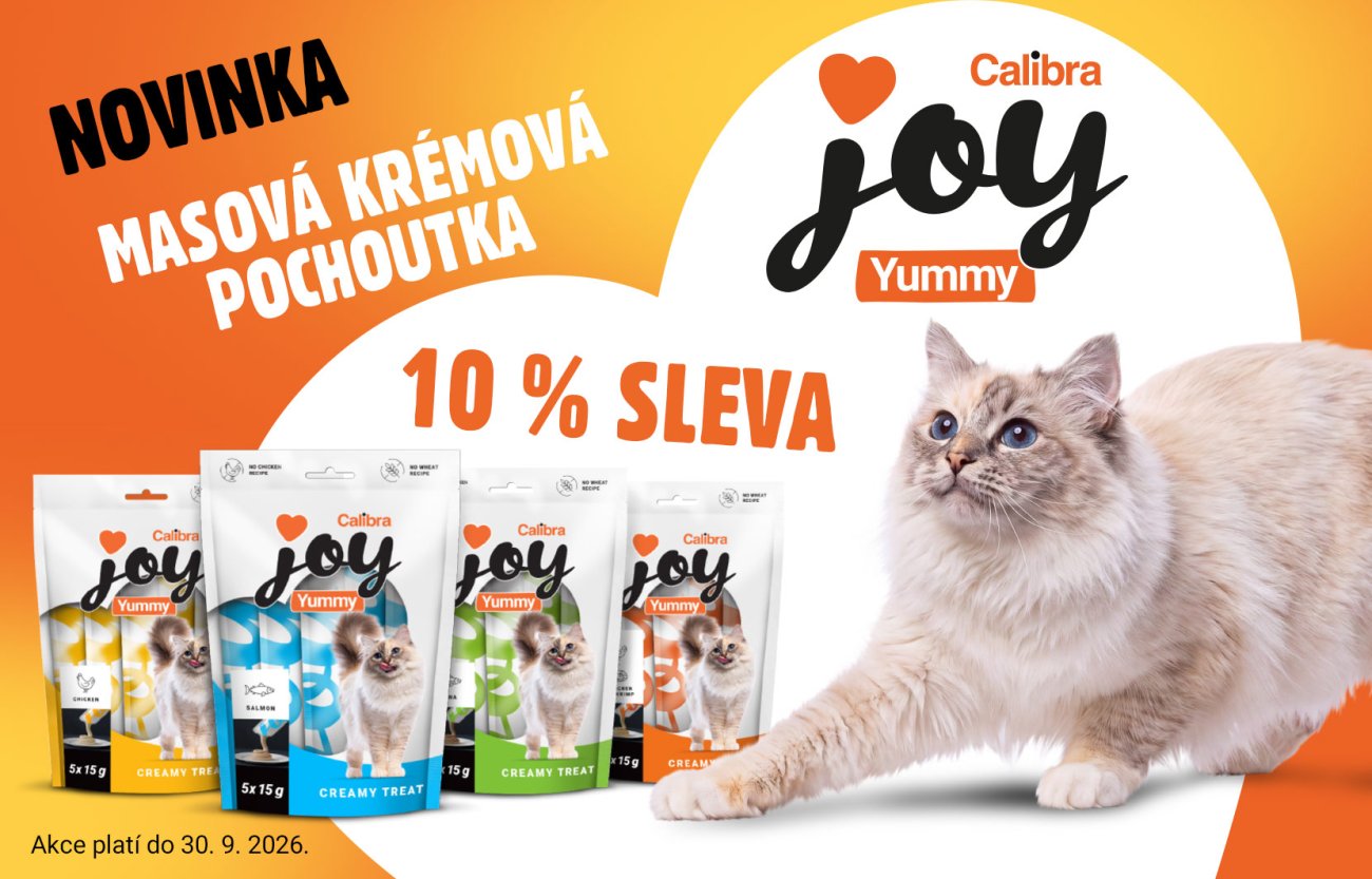 Banner Calibra Joy Yummy: sleva 10 % na masové krémové pochoutky pro kočky. Akce platí do 30. 9. 2026.