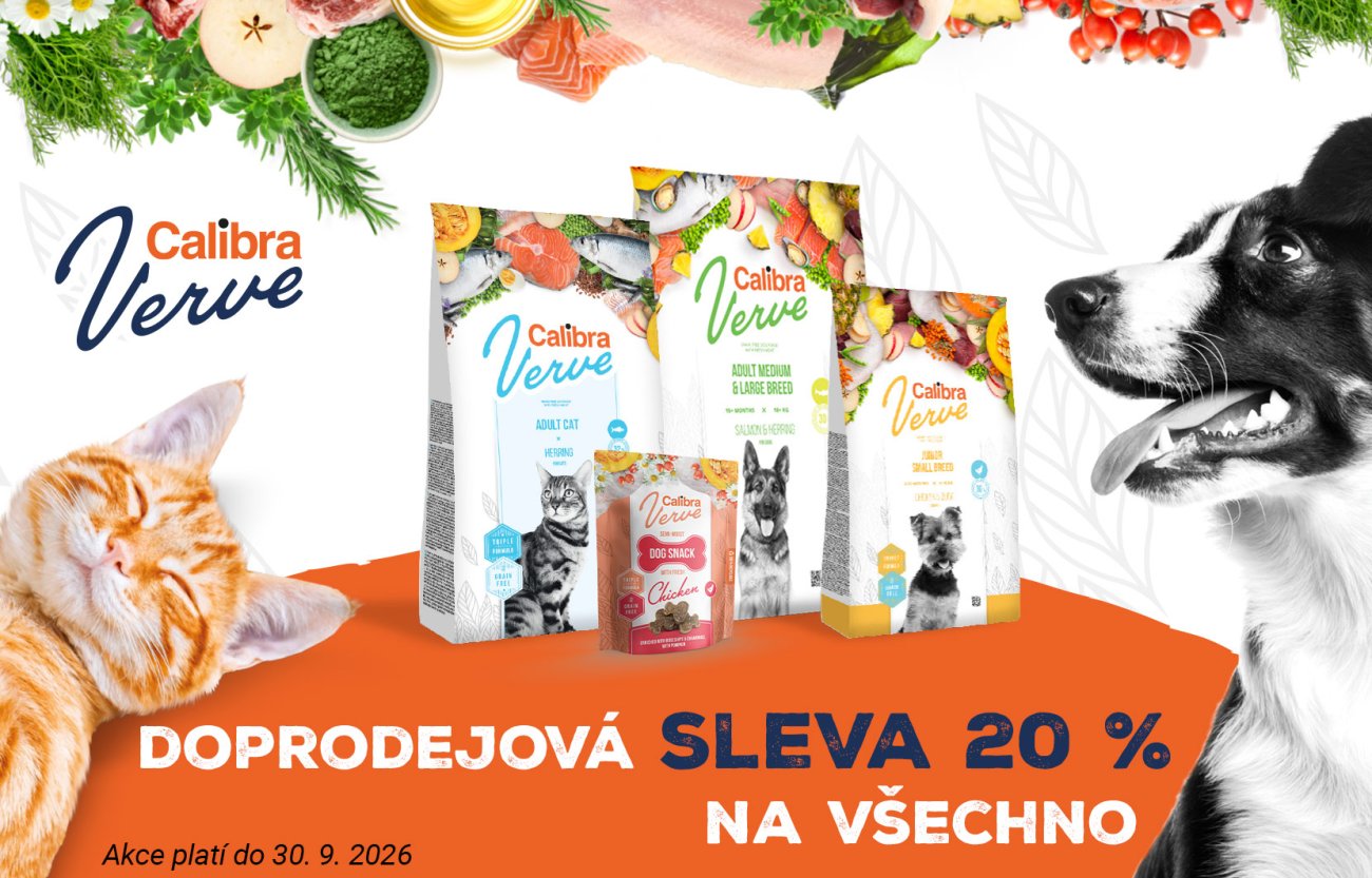 Banner Calibra Verve: doprodejová sleva 20 % na všechny produkty. Akce platí do 30. 9. 2026.